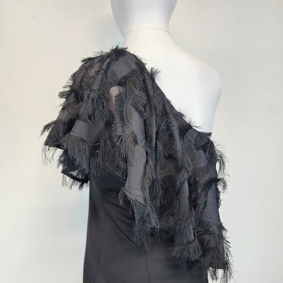 TCEC Asymmetric One Shoulder Black Dress Size S Fringe Evening New Years Party - Picture 11 of 16